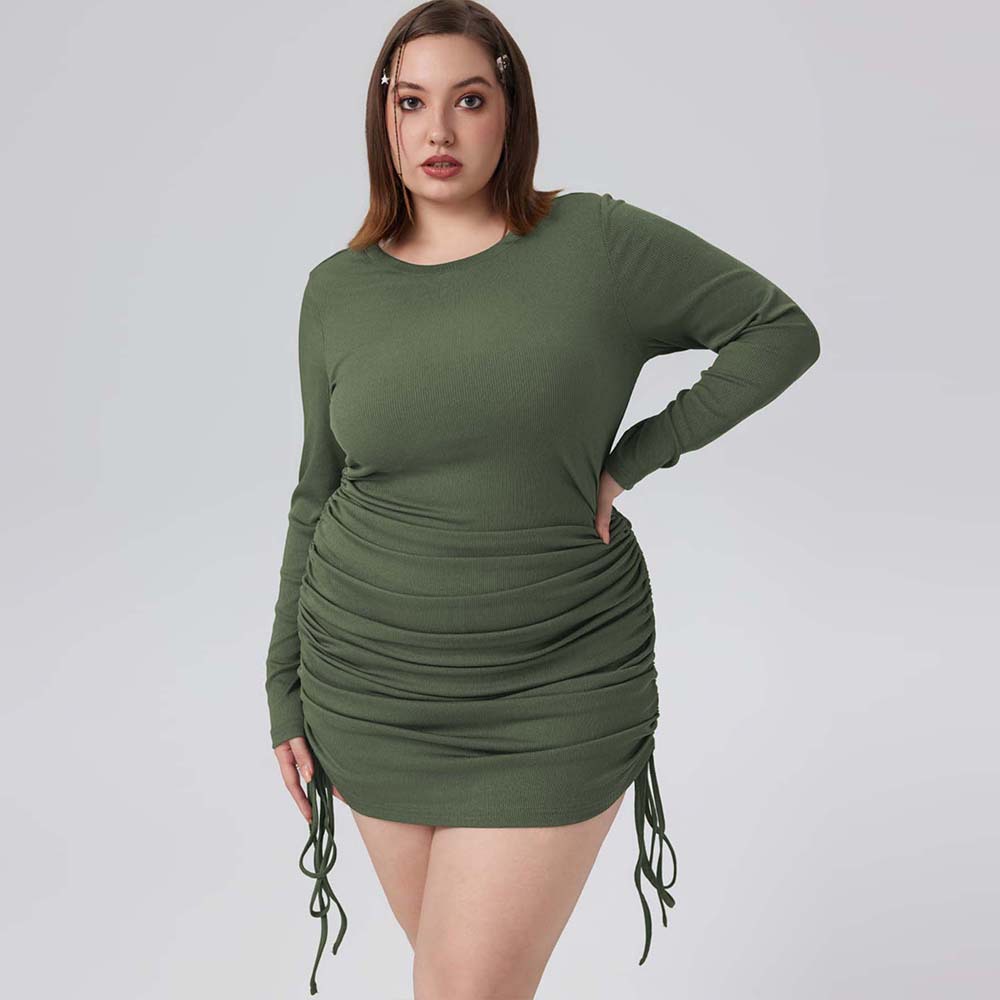 Wholesale Autumn Women Fashion Plus Size Solid Color Round Neck Long Sleeve  Side Drawstring Dress