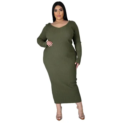 Autumn Winter Women Plus Size Solid Color V-Neck Long Sleeve Rib Knitted A-Line Dress