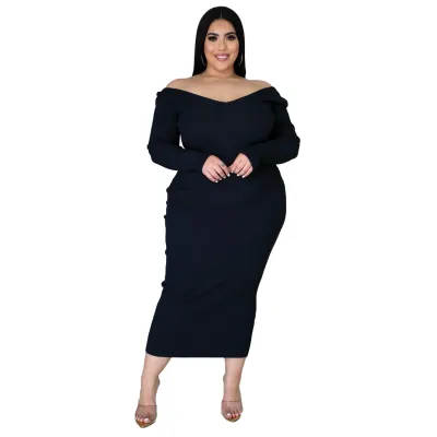 Autumn Winter Women Plus Size Solid Color V-Neck Long Sleeve Rib Knitted A-Line Dress