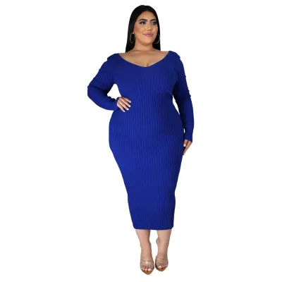 Autumn Winter Women Plus Size Solid Color V-Neck Long Sleeve Rib Knitted A-Line Dress