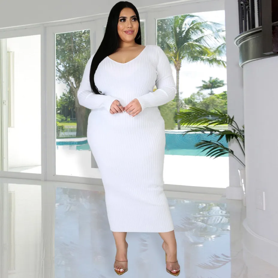 Autumn Winter Women Plus Size Solid Color V-Neck Long Sleeve Rib Knitted A-Line Dress
