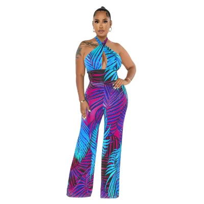 Summer Women Fashion Sexy Cross Halter Neck Leaf Print Jumpsuits