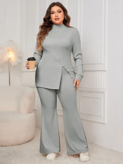 Women Plus Size High Neck Long Sleeve Split Top Pants Set Casual Wear