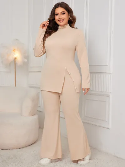 Women Plus Size High Neck Long Sleeve Split Top Pants Set Casual Wear