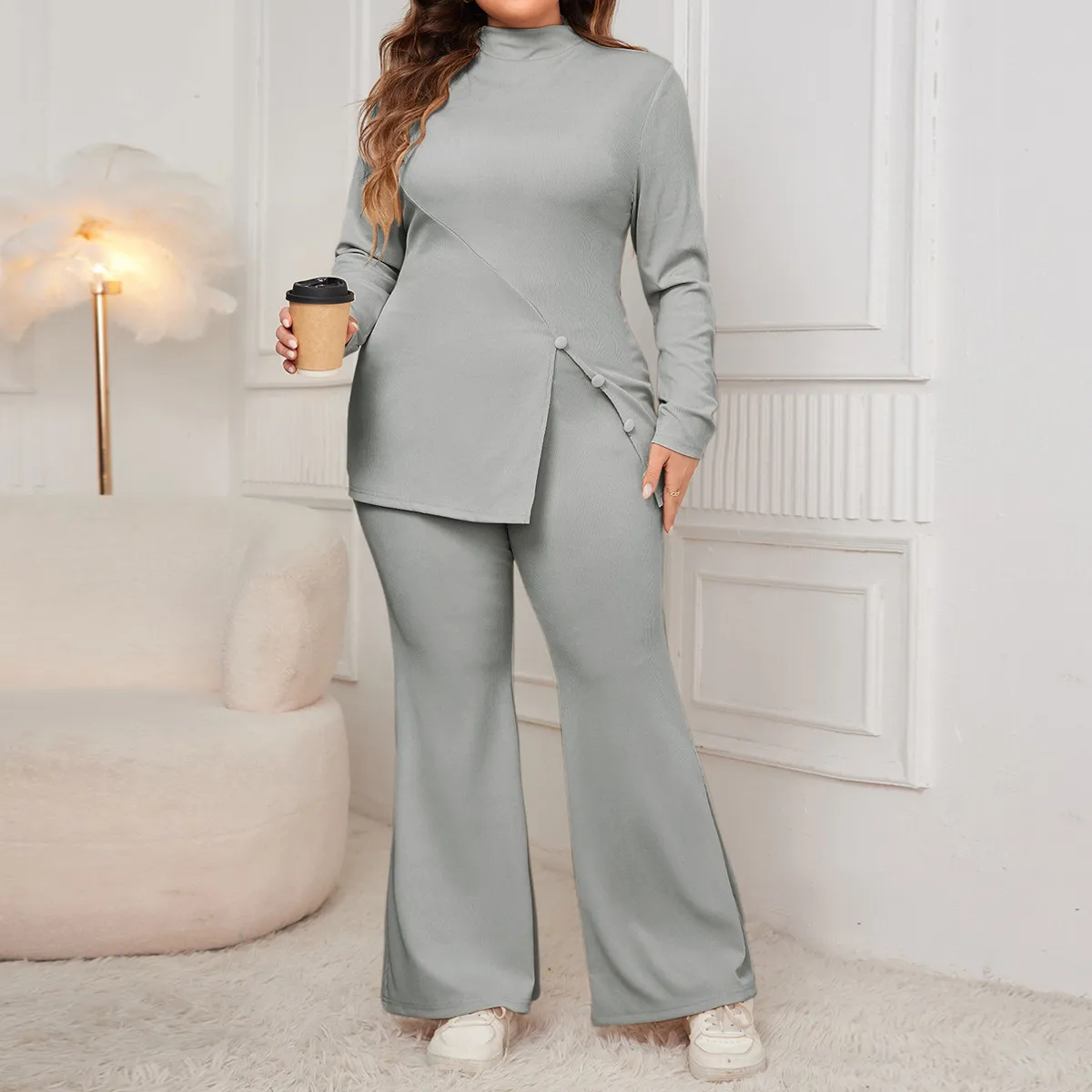 Women Plus Size High Neck Long Sleeve Split Top Pants Set Casual Wear