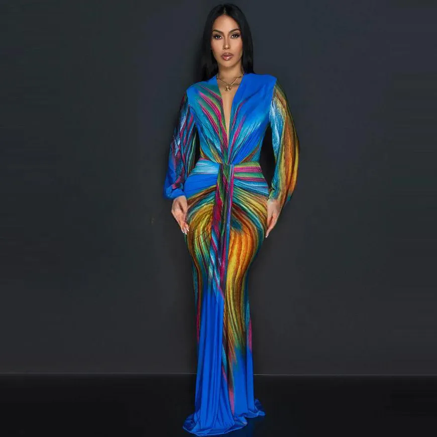 Women Fashion Sexy Colorful Tie-Dye Print Long Sleeve Maxi Dress