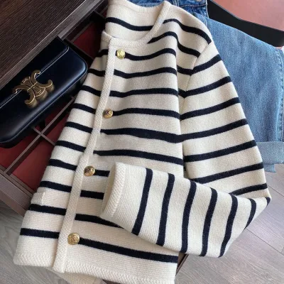 Women Chic Autumn Loose Stripe Round Neck Knitted Cardigan Sweater