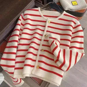 Women Chic Autumn Loose Stripe Round Neck Knitted Cardigan Sweater