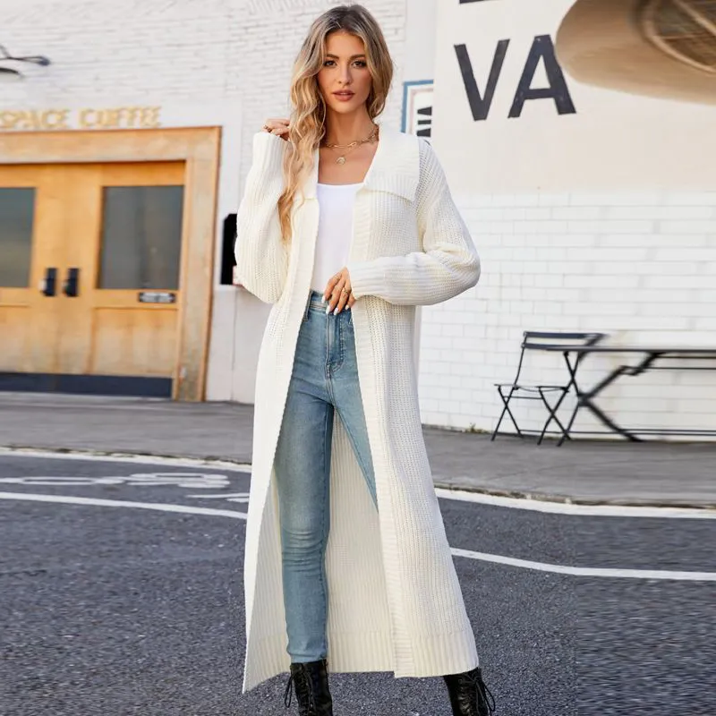 Women Autumn Winter Lapel Long Sweater Knitted Cardigan Casual Loose Cozy Coat
