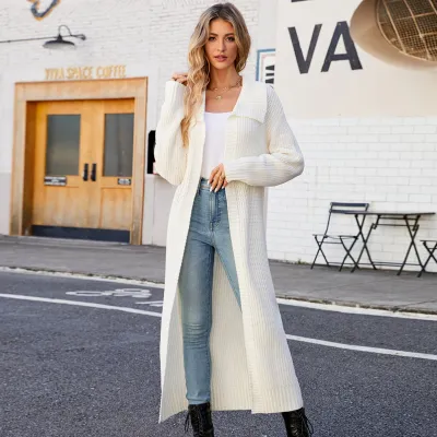 Women Autumn Winter Lapel Long Sweater Knitted Cardigan Casual Loose Cozy Coat