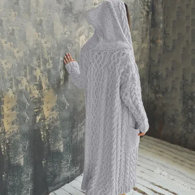 Plus Size Women Braided Hooded Cardigan Cozy Knitted Long Sweater Autumn Winter Coat
