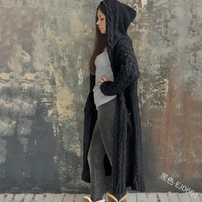 Plus Size Women Braided Hooded Cardigan Cozy Knitted Long Sweater Autumn Winter Coat
