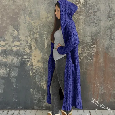 Plus Size Women Braided Hooded Cardigan Cozy Knitted Long Sweater Autumn Winter Coat