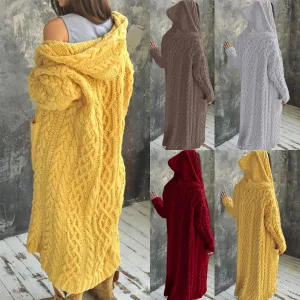 Plus Size Women Braided Hooded Cardigan Cozy Knitted Long Sweater Autumn Winter Coat