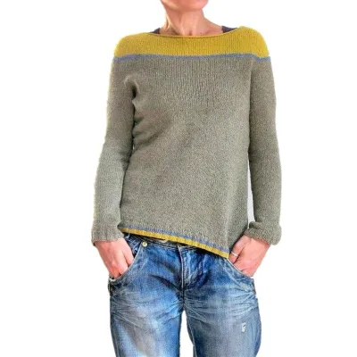 Plus Size Women Fall Winter Crewneck Color-Block Pullover Knitted Sweater