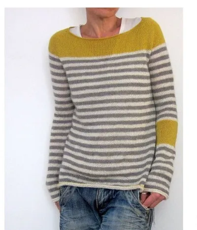 Plus Size Women Fall Winter Crewneck Color-Block Pullover Knitted Sweater