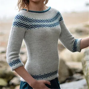 Plus Size Women Fall Winter Crewneck Color-Block Pullover Knitted Sweater