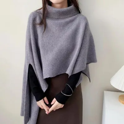 Women Autumn Winter Pullover Knitwear Irregular Poncho Sweater