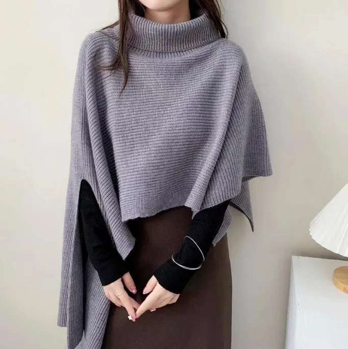 Women Autumn Winter Pullover Knitwear Irregular Poncho Sweater