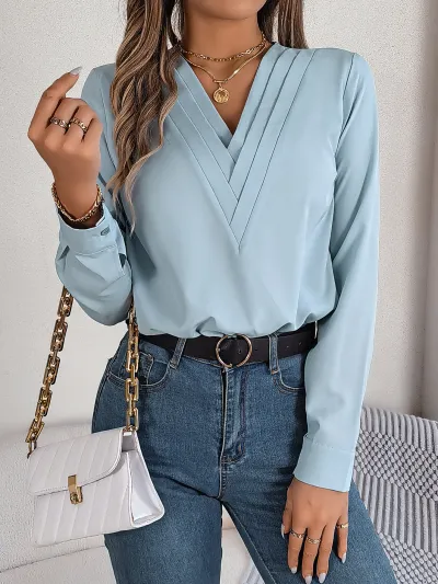 Women Autumn Winter Elegant Solid Color Laminated V-Neck Long Sleeve Blouse