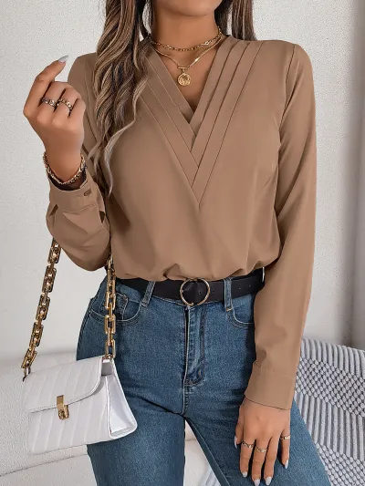 Women Autumn Winter Elegant Solid Color Laminated V-Neck Long Sleeve Blouse