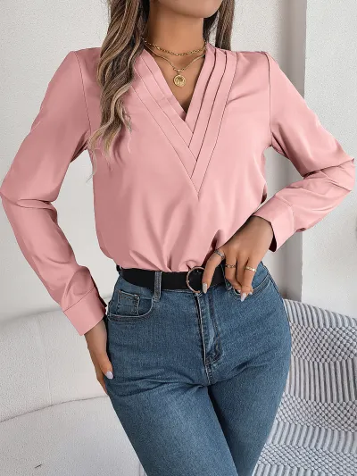 Women Autumn Winter Elegant Solid Color Laminated V-Neck Long Sleeve Blouse