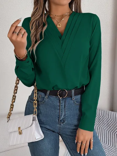 Women Autumn Winter Elegant Solid Color Laminated V-Neck Long Sleeve Blouse