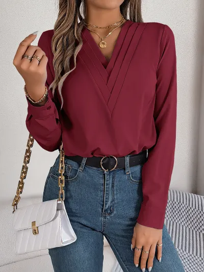 Women Autumn Winter Elegant Solid Color Laminated V-Neck Long Sleeve Blouse