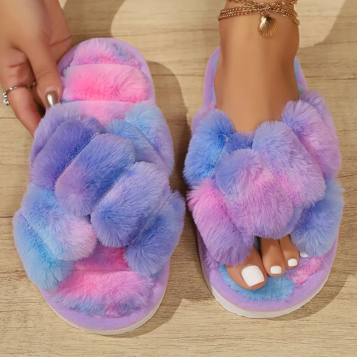 Winter Women Fashion Plush Open Toe Slippers