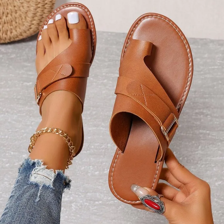 Women Fashion Solid Color Flat Slippers with Rubber Sole Toe Loop