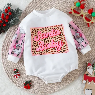 Kids Baby Boys Girls Casual Christmas Cartoon Letter Print Long Sleeve Romper Hidden Button Cotton