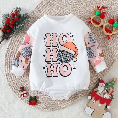 Kids Baby Boys Girls Casual Christmas Cartoon Letter Print Long Sleeve Romper Hidden Button Cotton