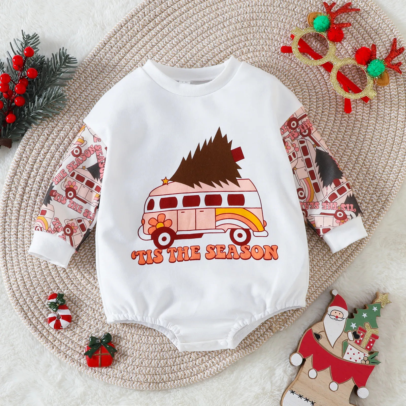 Kids Baby Boys Girls Casual Christmas Cartoon Letter Print Long Sleeve Romper Hidden Button Cotton