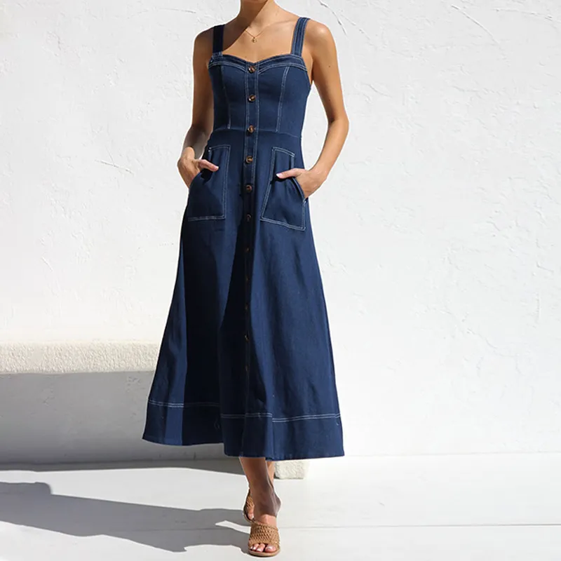 Summer Women's Sling Button Denim Dress - Street Hipster Style