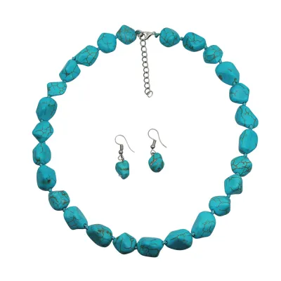 Women Exaggerated Vintage Turquoise Necklace with Irregular Turquoise Knotted Cotton