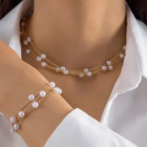 Fashion Elegant Women Pearl Beaded Multilayer Golden Chain Necklace Bracelet Set