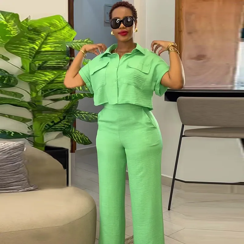 Summer Women Casual Solid Color Lapel Short-Sleeved Top Wide-Leg Pants Two-Piece Set