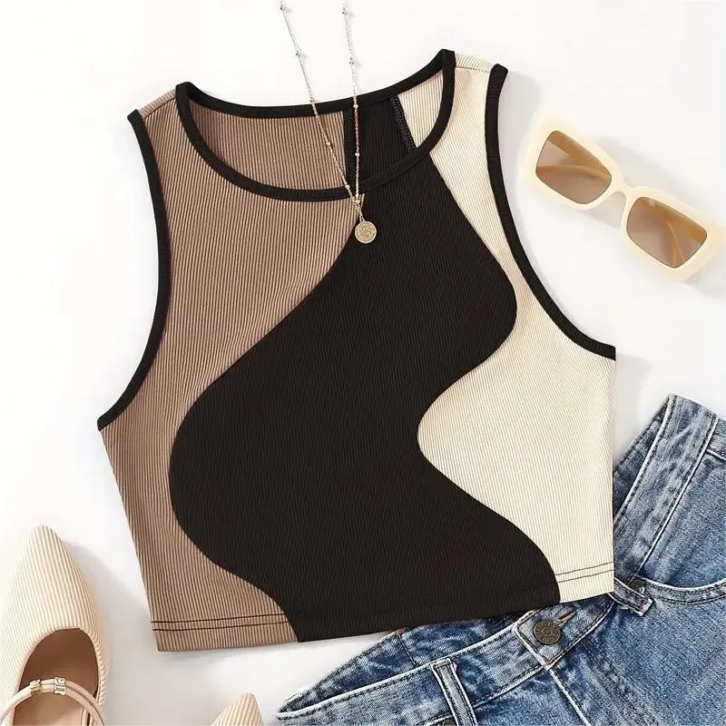 Summer Women Color Block Stitching Sleeveless Crop Top