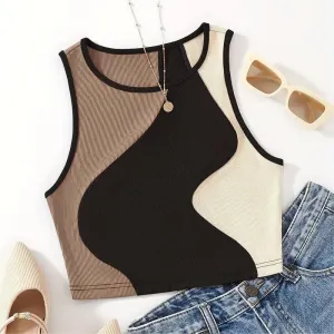 Summer Women Color Block Stitching Sleeveless Crop Top