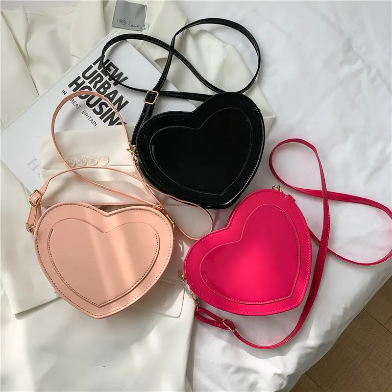 Women Heart Shaped Valentine Day Solid Color PU Leather Crossbody Messenger Bag