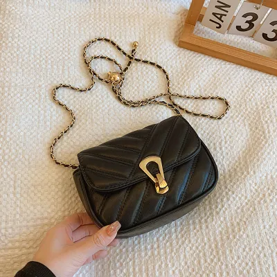 Women Fashion Solid Color Flap Lock Square Chain PU Crossbody Bag