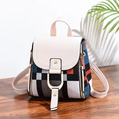 Women Fashionable Large Capacity Plaid Color Block Zipper PU Backpack
