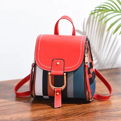 Women Fashionable Large Capacity Plaid Color Block Zipper PU Backpack