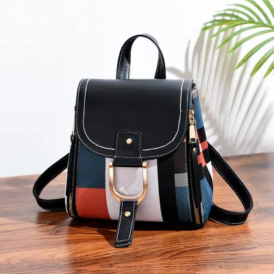 Women Fashionable Large Capacity Plaid Color Block Zipper PU Backpack