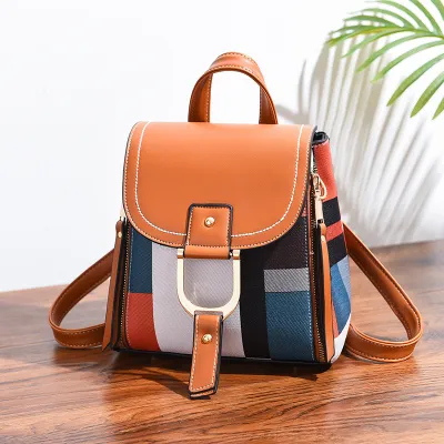 Women Fashionable Large Capacity Plaid Color Block Zipper PU Backpack