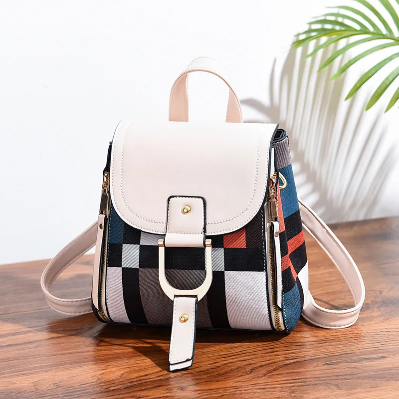 Women Fashionable Large Capacity Plaid Color Block Zipper PU Backpack
