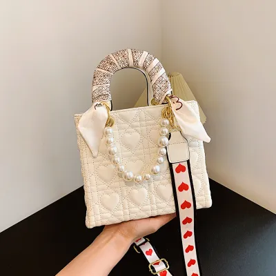 Women Fashion Diamond Embroidery Square Pearl Handle Shoulder Bag