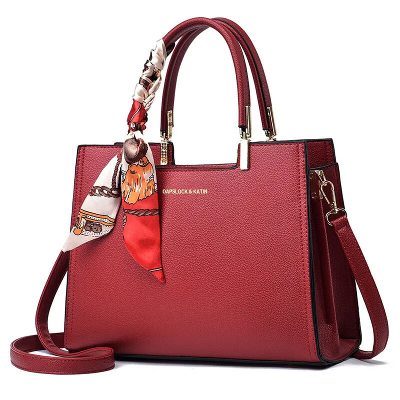 Women Fashion Square Large Capacity Decorative PU Handbags with Silk Scarf