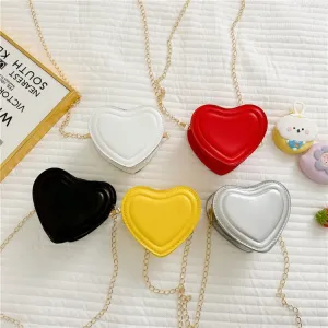 Children's Solid Color PU Mini Heart Chain Crossbody Bag for Kindergarten Girls