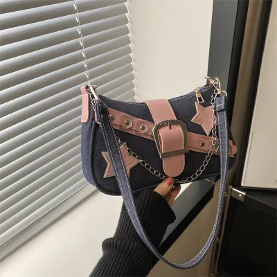 Women Fashion Y2K Star Denim Chain Shoulder Underarm Bag